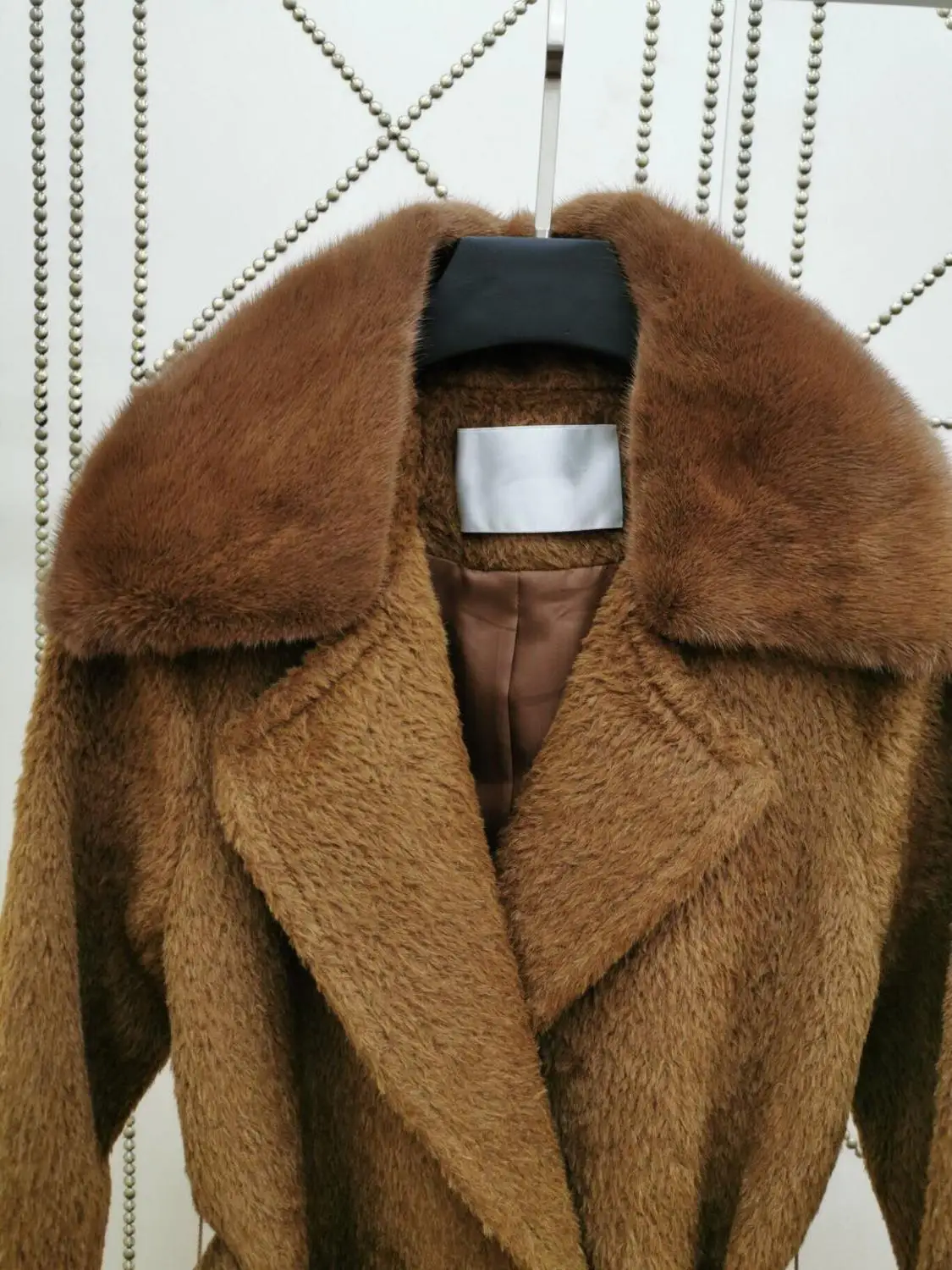 Женская зимняя одежда высококачественный норковый меховой воротник пальто из шерсти альпаки английский стиль пояса Коричневая длинная куртка