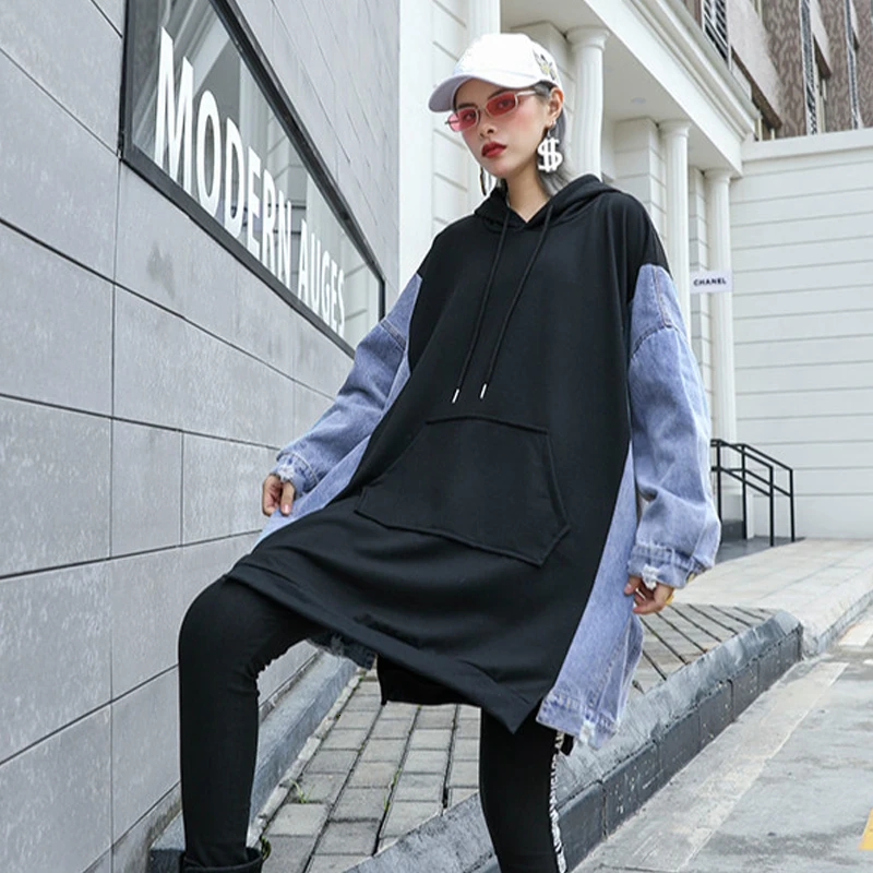 Max LuLu/Осенняя модная одежда, Женская Корейская дизайнерская уличная одежда, женские джинсовые длинные толстовки с капюшоном, повседневные свитшоты в стиле пэчворк
