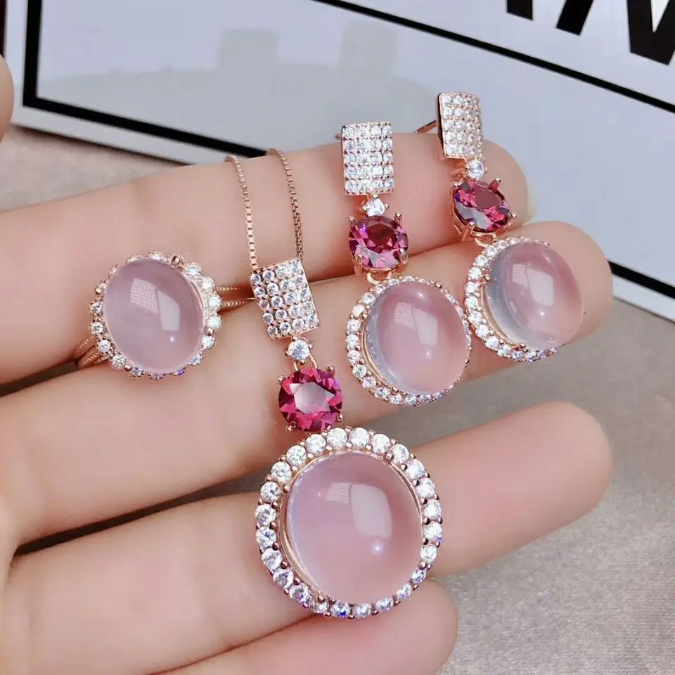 MeiBaPJ натуральный розовый кварц ювелирные изделия набор 925 ожерелье из чистого серебра серьги и кольцо Свадебные украшения для женщин