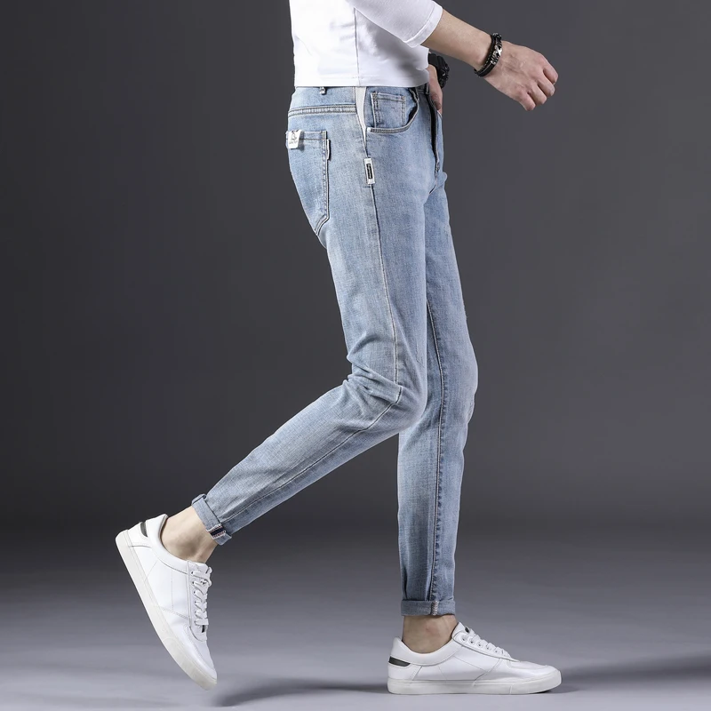 Reviews Men's Slim Fit Jeans high Leisure waist jeans Street fashion style stretch pants Man Bottoms Damaged by washing Ankle pants
