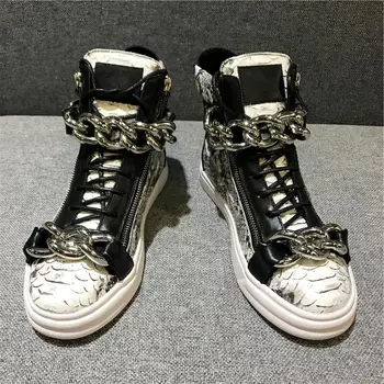 

Mens Unisex Snake Pattern Metal Chain Ankle Boots Lace Up Side Zipper High Top Sneakers Shoes Genuine Leather Plus Size