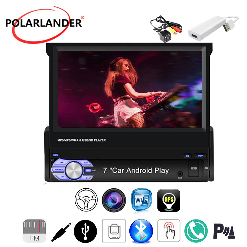  1 din for Android/IOS Device Manual Telescopic Screen Car Radio Mirror Link GPS Navigation MP5 Play