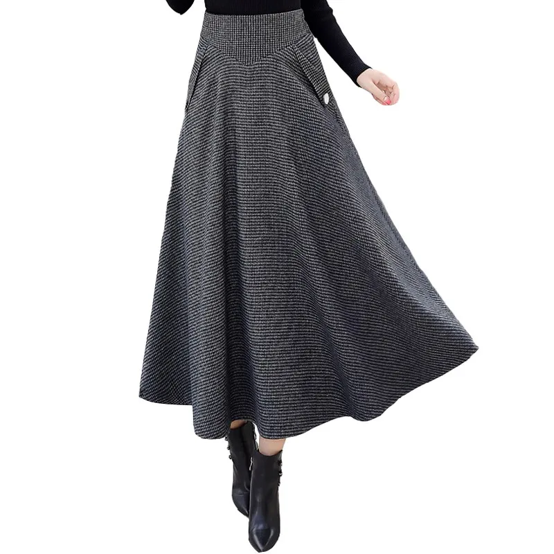 

High Waist Vintage Plaid Wool Skirt Winter Warm Thick Office Ladies Woolen Pleated Maxi Skirt Women