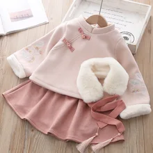Новая зимняя одежда для маленьких девочек, плюшевый топ в национальном стиле CNY, пальто, юбка комплект одежды из двух предметов вечерние, праздничная одежда, подарок