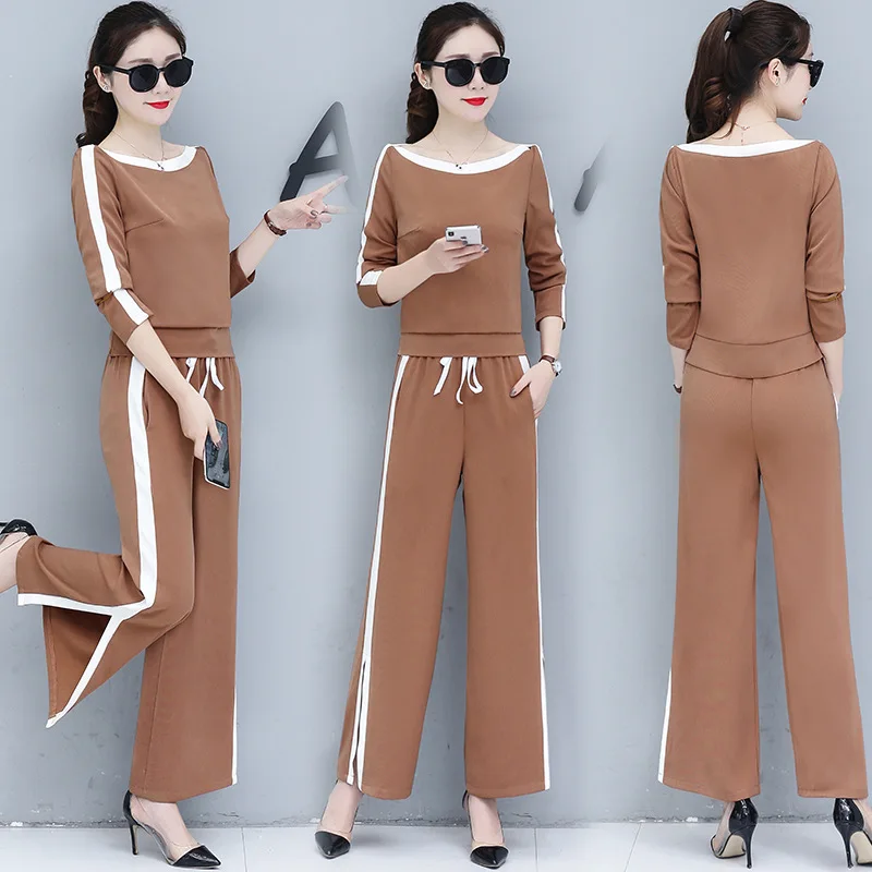 

2019 New Style Sports Casual WOMEN'S Suit Spring And Autumn Loose-Fit Slit Loose Pants Western Style Two-Piece Set