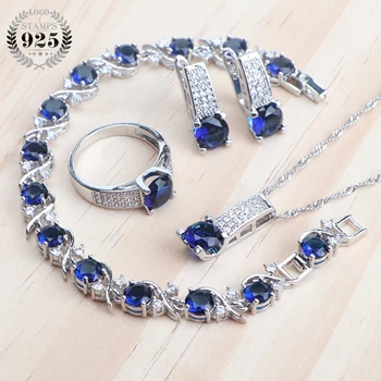 

925 Sterling Silver Bridal Jewelry Sets Bracelets Wedding Round Blue Zirconia Stone Earrings For Women Ring Necklace Pendant Set