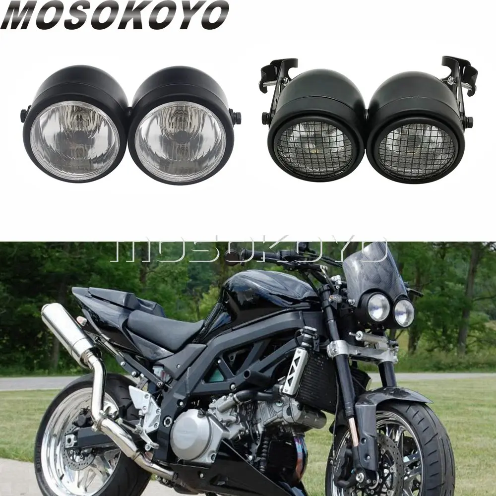 

3.5" Black Motorcycle Dominator Grill Twins Dual Headlight Streetfighter H4 Halogen Double Headlamp for Harley Cafe Racer Bobber