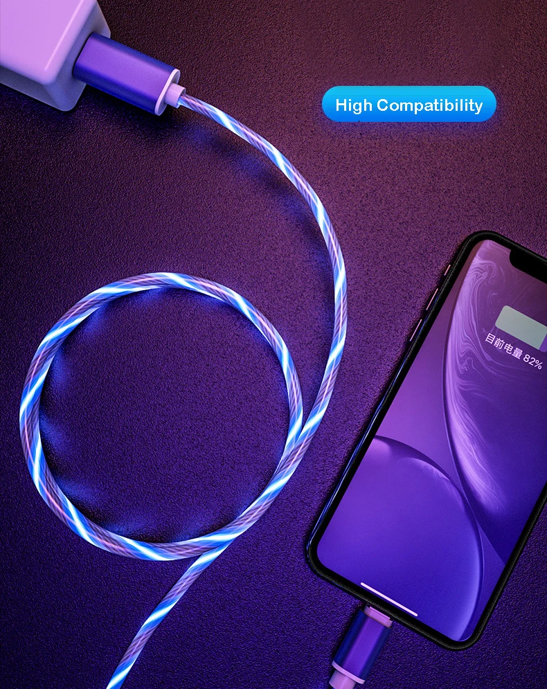 2.4A Flowing Glow USB Cable For iPhone XS Max XR X 8 7 6s Plus Type-C Micro USB Glowing Luminous Fast Charging Wire For SAMSUNG