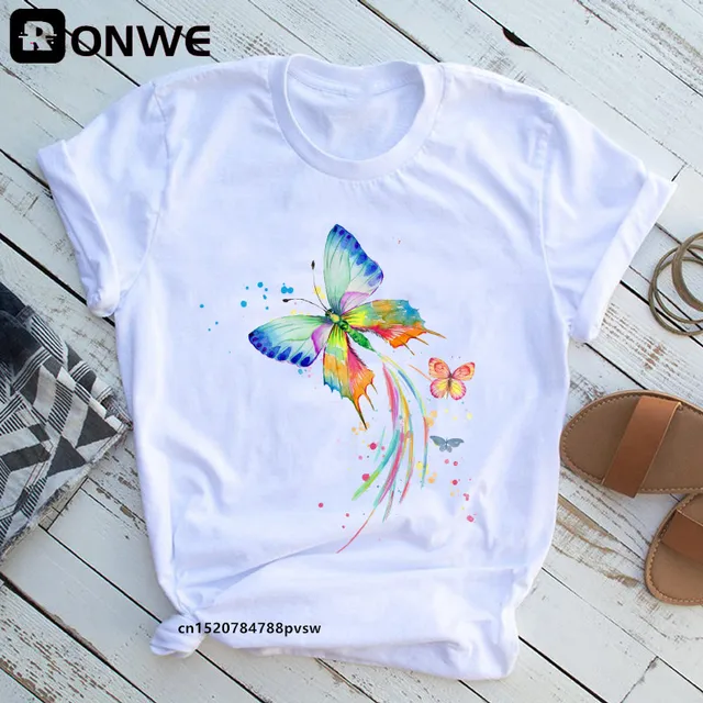 Woman Butterfly Tree Print Harajuku Summer Tshirts Casual Round Neck Short Slee Top Tee Shirt,Drop Ship B2021-3