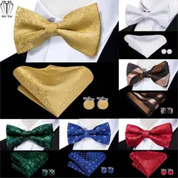 Hi-Tie 60 Pattern High Quality Bow Ties for Men 100% Silk Mens Bowtie Cufflinks Hankerchief Set Red Blue Green Wedding Party