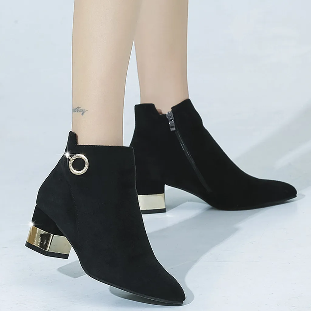 

Winter black Boots Women's Flock Leisure Solid Pointed Toe Puppy Heel Zipper Square Med Heel Boots Woman Shoes With Warm Plush