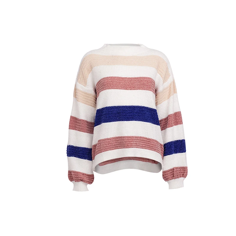 TWOTWINSTYLE полосатый хит цвет женские свитера с круглым вырезом пуловеры с рукавами в форме фонаря вязаный свитер большого размера женский Осень