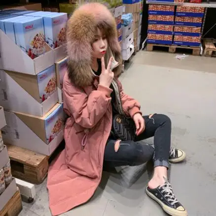 Bean red Зимнее пальто женское длинное пуховое пальто женское пальто с капюшоном теплые женские парки куртка на утином пуху Женское пальто воротник из натурального меха енота - Цвет: Bean red
