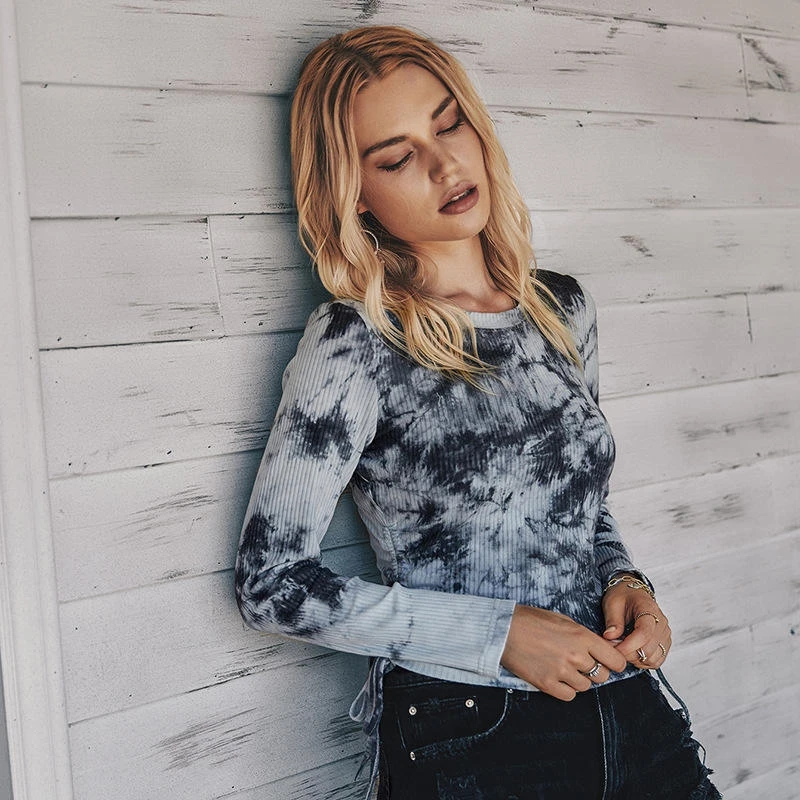 Autumn Women's Tie-dye Tops Round Neck Long-sleeved Slim T-shirt Ladies Fashion Drawstring Layered Pullover