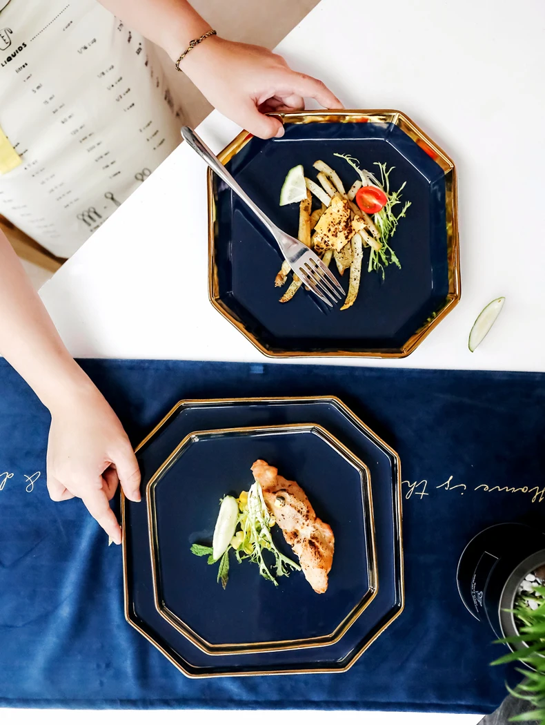 Скандинавская синяя Бытовая Посуда керамическое блюдо творчески оформленное блюдо тарелка лапша суповая чаша западное блюдо для стейков Ресторан кухонные принадлежности