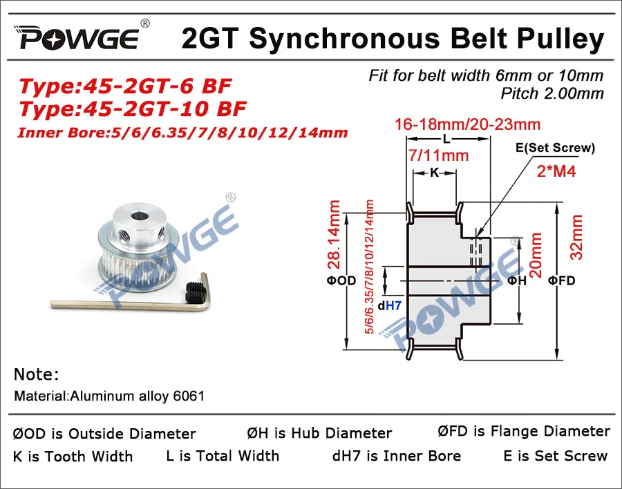 POWGE GT 45 ЗУБОВ 2GT зубчатый шкив Диаметр 5/6/6,35/7/8/10/12/14 мм для GT2 открытые синхронный пояс 6/10 мм шестерни 45 ЗУБОВ 45 T