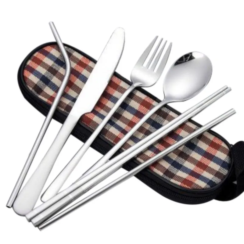 A Stainless Steel Cutlery Set Plaid Holding Bag Portable Outdoor Picnic Tableware Fork Knife Spoon Chopsticks Straw Dinner Set - Цвет: A