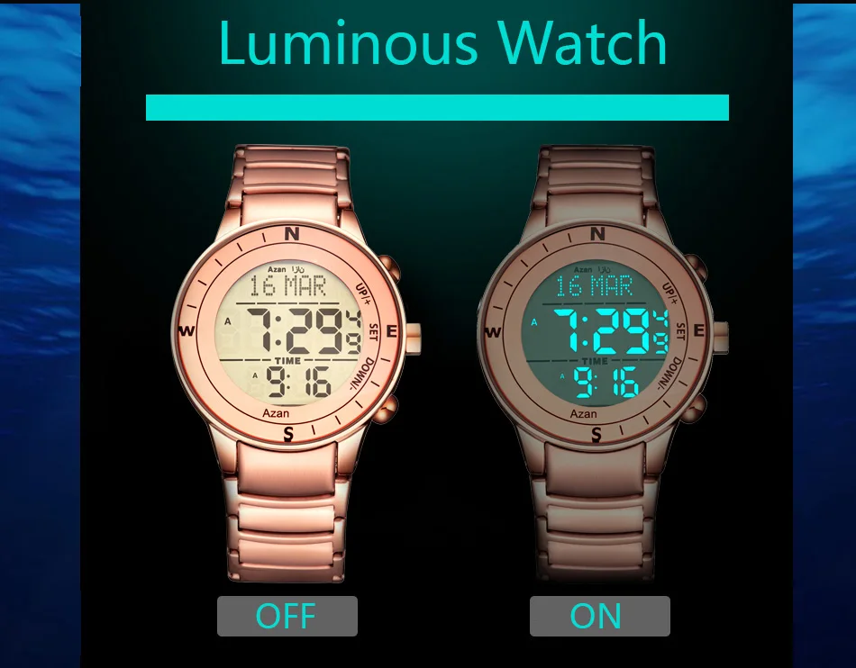 2021 new arrival Stainless Steel Digital Watches arabic Islamic Qibla Direction Al Azan Wrist Watch for Muslim Prayers