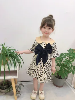 

Baby Girl Brand Printed Leopard Dress Toddler Big Bow Casual Dress Children Spring Autumn Short Sleeve Cat Pattern Party Dress