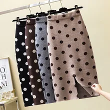 Модная женская юбка миди, s, осенняя, брендовая, с высокой талией, элегантная, зимняя, с принтом в горошек, трикотажная, женская, повседневная, эластичная, Женская юбка