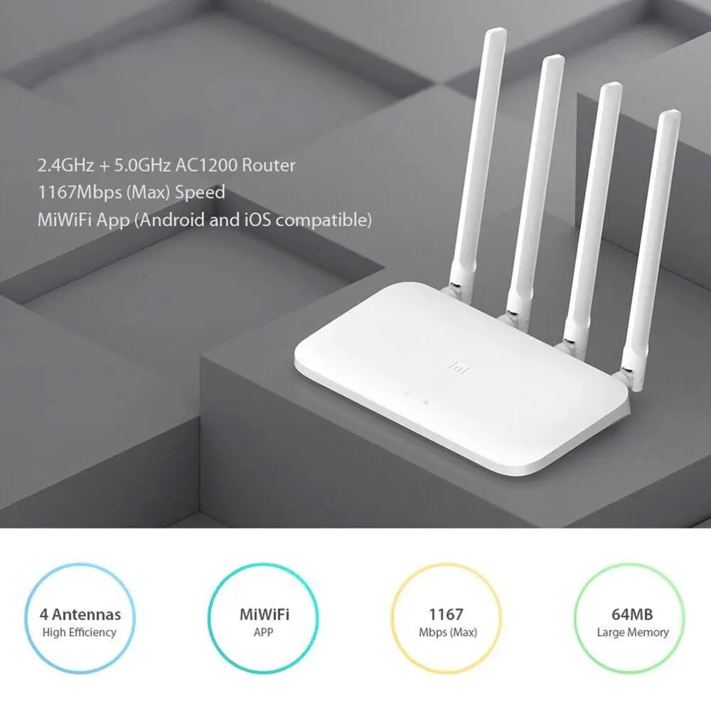  Xiaomi Mi Router 4A WiFi Repeater 1167Mbps 2.4G/5GHz Dual 128MB Band Flash ROM 256MB Memory APP Con