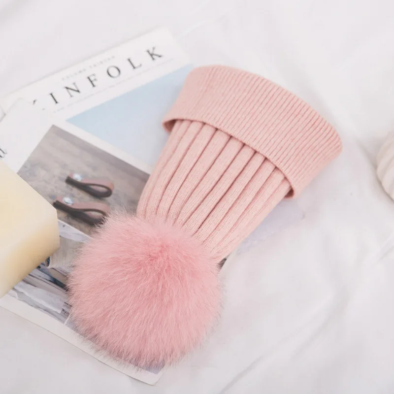pink Осенне-зимние вязаные шапки из кроличьей шерсти и кашемира, повседневные теплые шапки для родителей и детей, зимние шапки с лисьим мехом для женщин Skullies - Цвет: pink