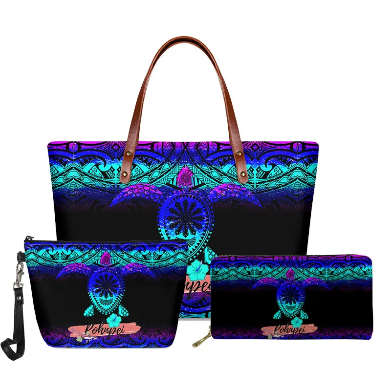 wallets for women Pohnpei Handbag Set Tribal Flower Hibiscus Women Shoulder Bag Leather Purse Casual Zipper Ladies Crossbody Bags for Teen Girls women's bags big Totes