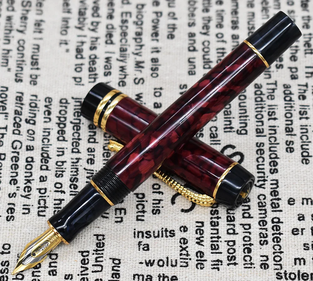 Crocodile Marble Celluloid Fountain Pen 22KGP Medium Nib Writing Gift Pen, Rose Red with Crocodile Clip for Business Office