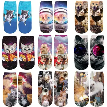 

PLstar Cosmos Animal space Cat eating pizza 3D Printed Cute cotton short ankle socks for women ladies harajuku korean socks