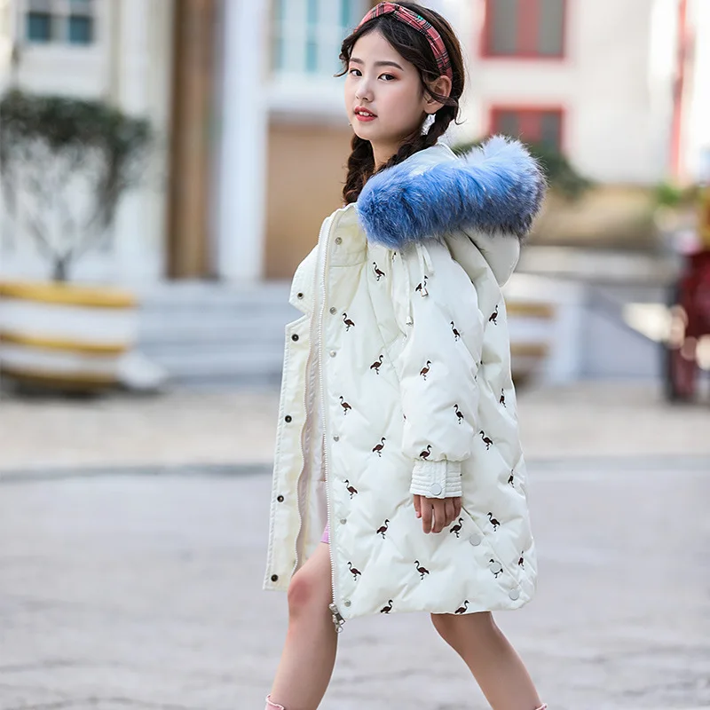

OLEKID 2019 Thicken Warm Girls Winter Jacket Embroidered Peacock Hooded Long Down Jacket For Girls 5-14 Years Children Coat