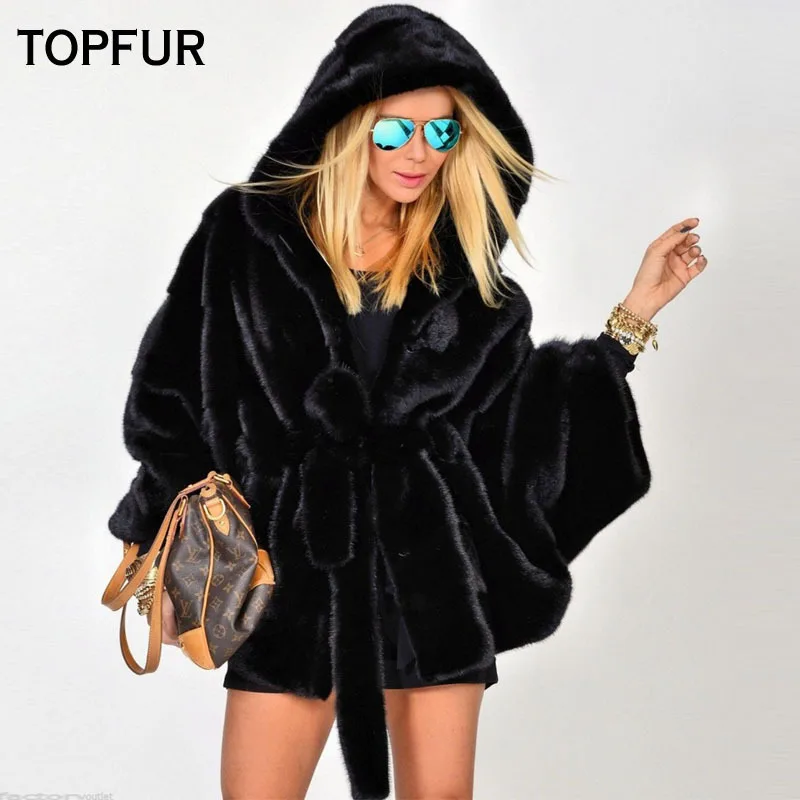 TOPFUR тип норковая шуба женская Обычная норковая шуба с большим капюшоном с поясом зимняя теплая меховая куртка для молодых девушек