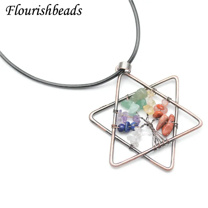 Natural Gemstones Chip Beads Tree of Life Copper Olivary Pendant Chain Necklace 