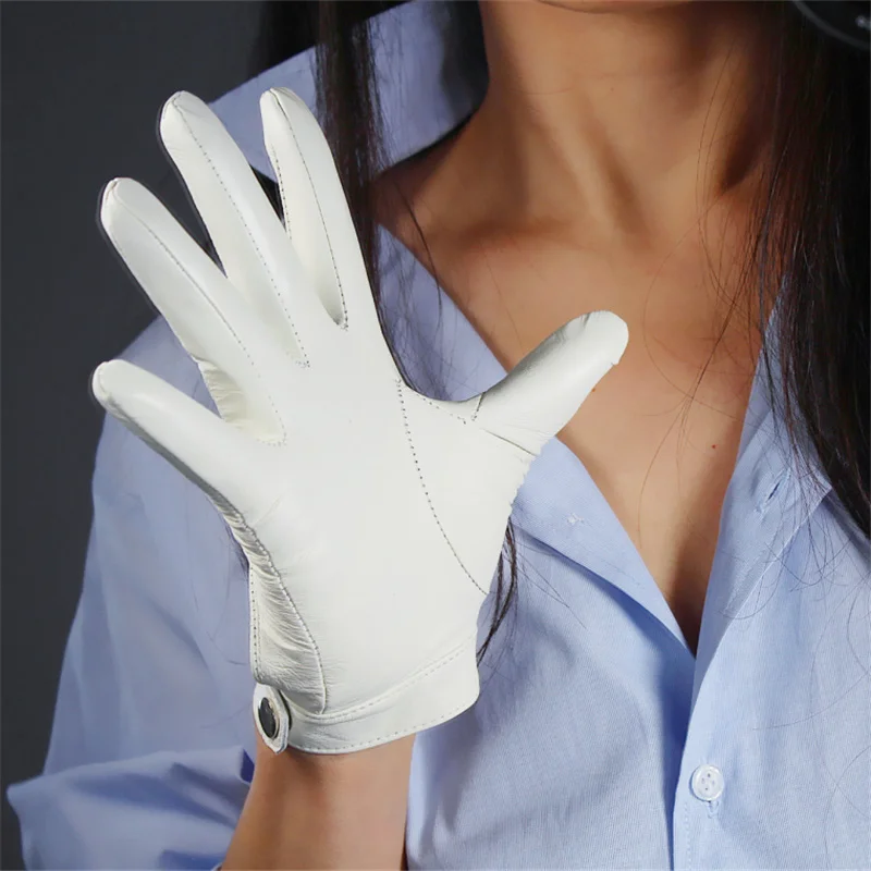 Для женщин сенсорный экран белые кожаные перчатки из чистой овчины Локомотив рука назад короткие кнопки шелковой подкладкой TBLB04