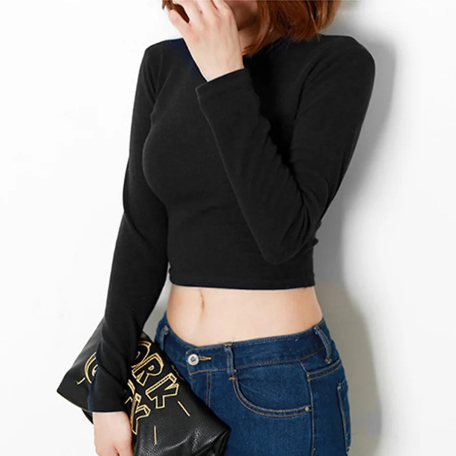 

Fashion Simple Knit T Shirt Ladies Slim O Neck Long Sleeve Short Tops Women Autumn Tight Casual Sexy Black Tops Female 2019