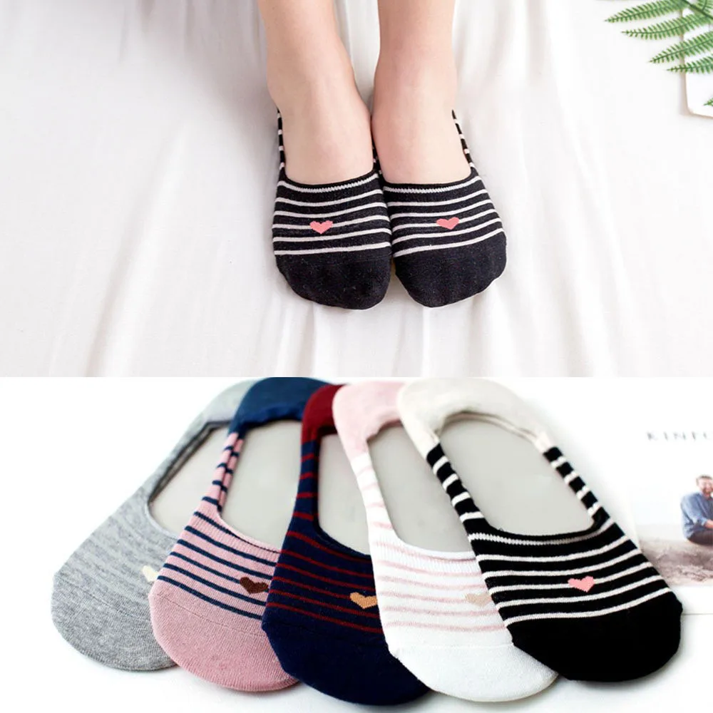 Летние модные женские хлопковые носки в полоску с надписью «Love Heart» Симпатичные носки-следки силиконовые Нескользящие носки-лодочки