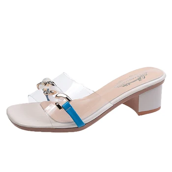 

2020 Women Slippers Transparent Shoes Buckle Strap Designer Slides Mules Femme Trendy Mid Heel Slippers Women Shoes Sandals