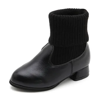 

Casual Warm Solid Low Heels Medium Big Kids Girls Leather Shoes Fashion Autumn Winter Children's Princess Middle-top Sock Boots
