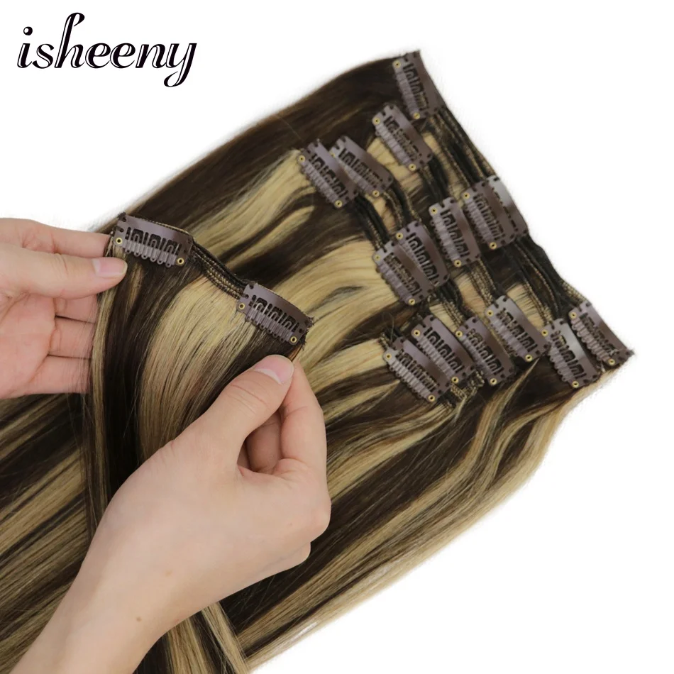 Isheeny, человеческие волосы Remy на заколках для наращивания, рояль, блонд, 4#27#, двойной уток, бразильские волосы на заколках, набор на всю голову