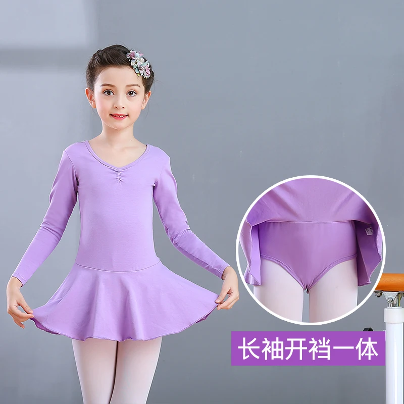 Purple conjoined Детское хлопковое платье для балета для девочек, детская одежда для балета, Одежда для танцев, тренировочная Одежда для танцев с длинными рукавами - Цвет: Purple conjoined