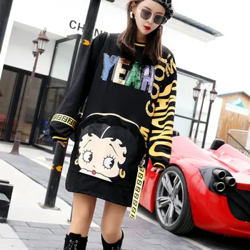 

2020 Spring High Street Hoodies Cartoon Printed Sequin Fashion Large Size Loose-Fit Round Neck Sweatshirts