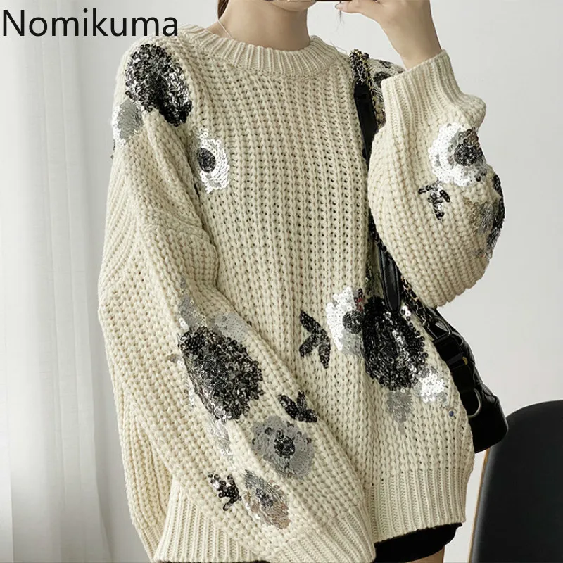 Nomikuma Pull Femme Sequins Flowers Korean Causal