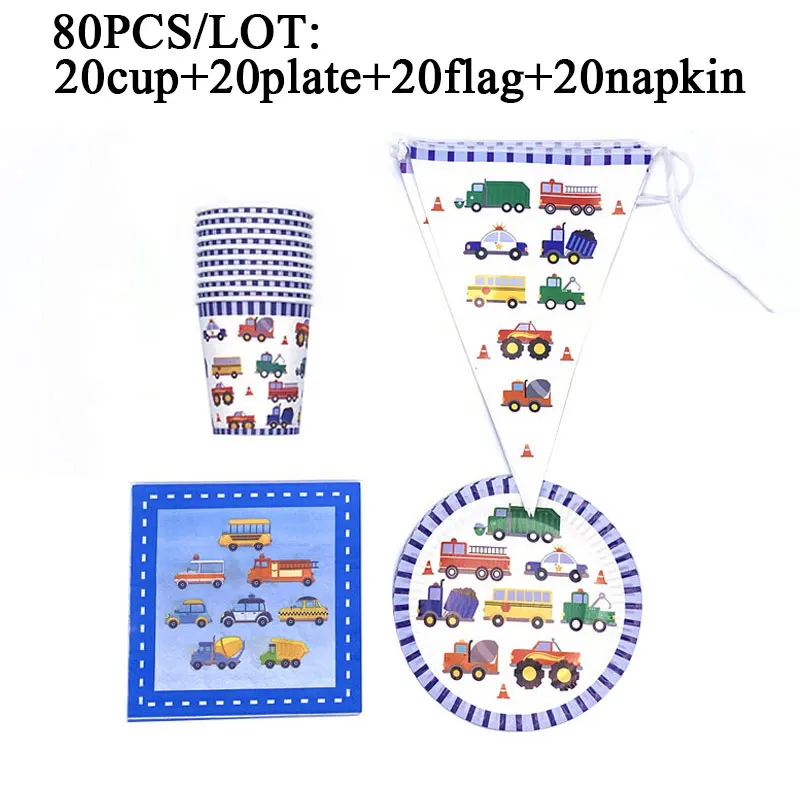 beipanqizhi-80pcs Украшения на день рождения для детей, набор для мальчиков, строительные транспортные средства, вечерние бумажные чашки, тарелки, салфетки для душа ребенка, семейные вечерние баннеры/флаги - Цвет: beipanqizhi-80pcs