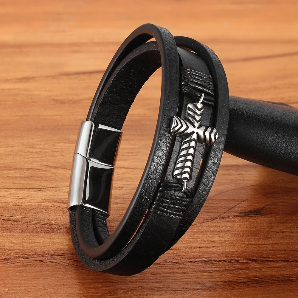 Cross Style Multi Layer Design Stainless Steel Fashion Men’s Leather Bracelet Classic Gift For Men 5 Different Styles Choose