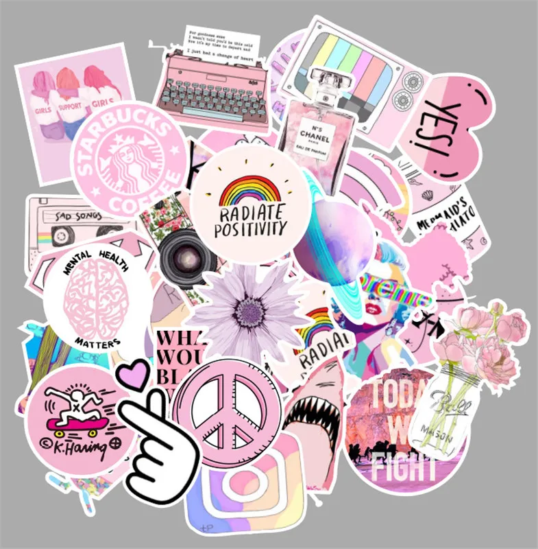 

53Pcs/Set Pink Graffiti Stickers Trolley Case Car Computer Skateboard Waterproof Stickers