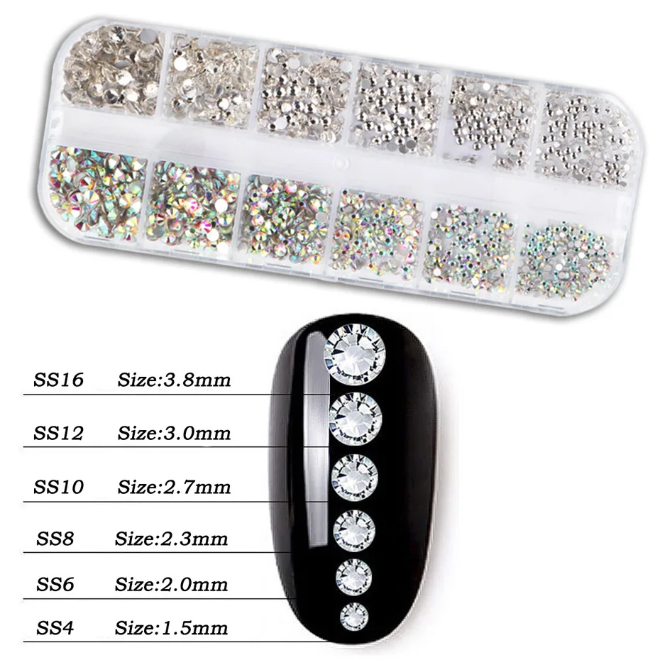 1Box Multi Size Glass Nail Rhinestones Mixed Colors Flat-back AB Crystal With tools 3D Charm Gems  Manicure Nail Art Decorations