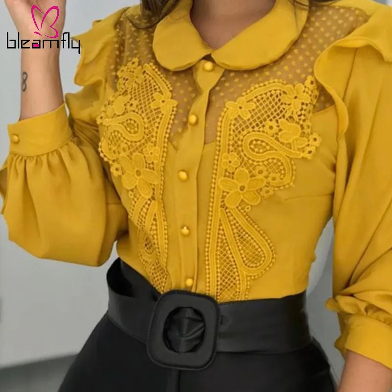 2019 летняя элегантная женская модная желтая Повседневная сетчатая рубашка с