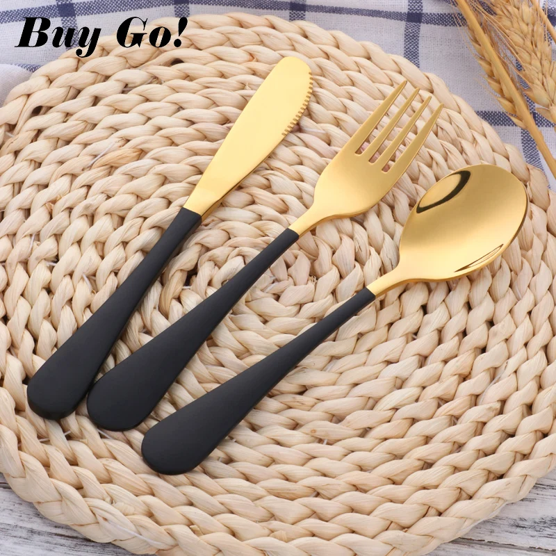 

12PCS/4Sets 18/8 Stainless Steel Lovely Tableware Set Black Gold Children Cutlery Set Dinnerware Food Safe Kids Dinner Set