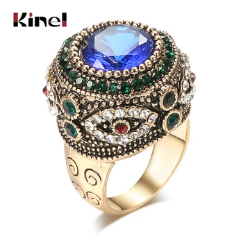 

Kinel Fashion Gold Antique Ring For Women Boho Blue Resin Inlay AAA Crystal Punk Charm King Ring Vintage Jewelry