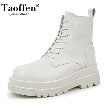 

TAOFFEN 2021 Women Real Leather Boots Flat Shoes Women Ankle Boots Winter Shoes Casual Office Lady Footwear Size 34-40