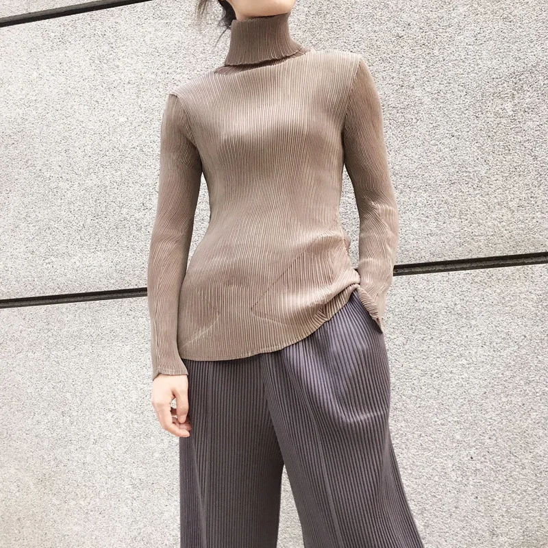 Miyake раза Высокий воротник утолщенная футболка осень большой размер тонкая отделка женский двойной Топ - Цвет: Cocoa color